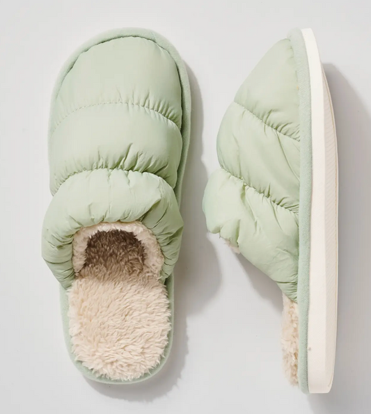 Puffy Faux Fur Lined Slippers ~ Green